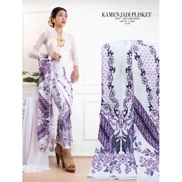 Kamen Plisket Sutra Dobby Plus Selendang//Rok Jadi//Rok Bali/Pakaian Adat Bali-Putih Lavender