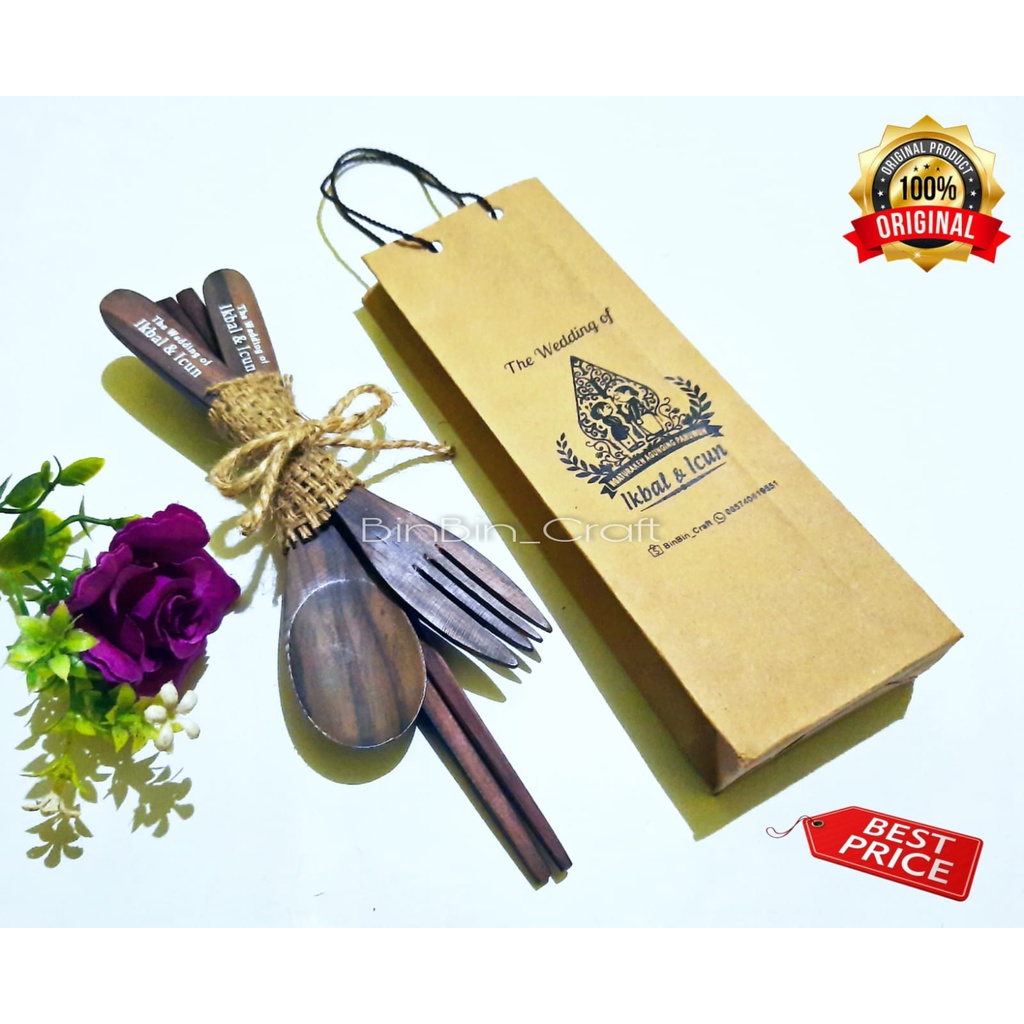 Souvenir Pernikahan Murah Paket Sendok Garpu Sumpit Kayu Sonokeling Kemas Paperbag Custom Free Cetak