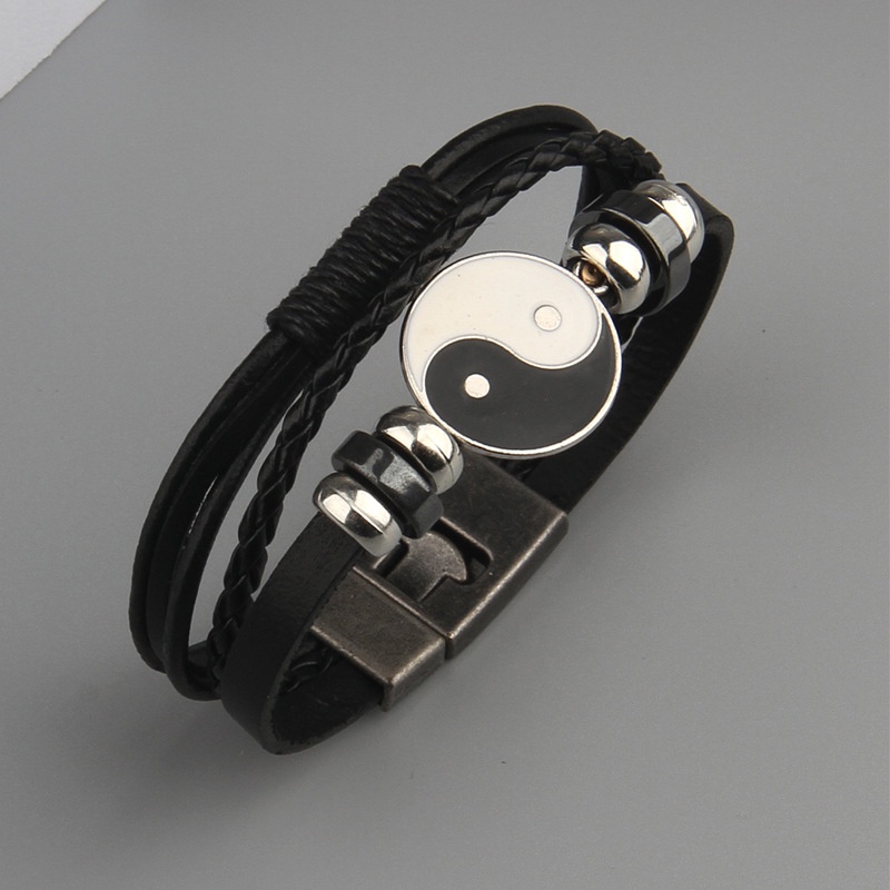 Gelang Kulit Kepang Yin Yang Stainless Steel Gaya Vintage Untuk Pria