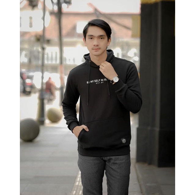 Sweater Hoodie Simple Jaket Pria Salviohexia Be My Selfe Hitam Putih