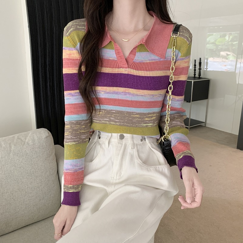 Knitwear Korean Style Stripe V-neck Knit Top Wanita Lengan Panjang