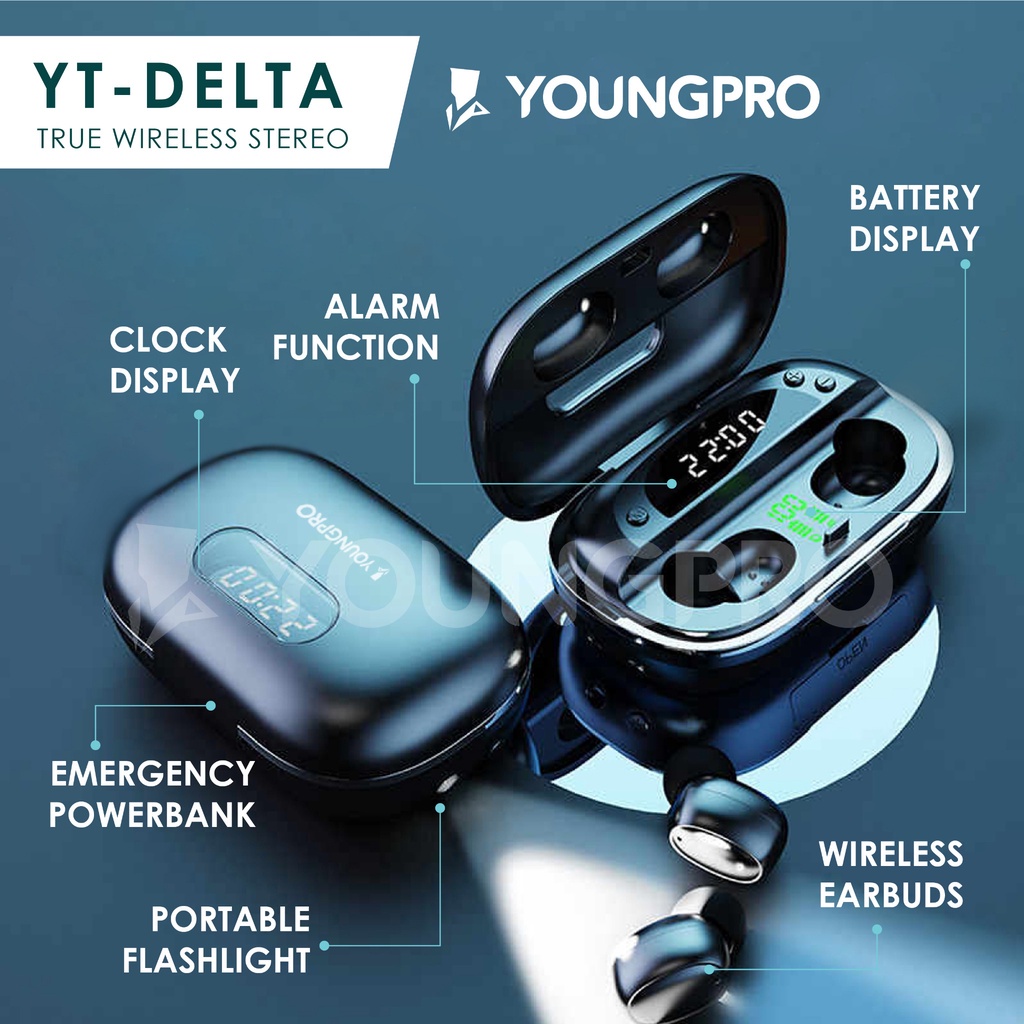 YOUNGPRO TWS DELTA Earphone Wireless Bluetooth With PowerBank Case Portable Flaslight Jam &amp; Alarm
