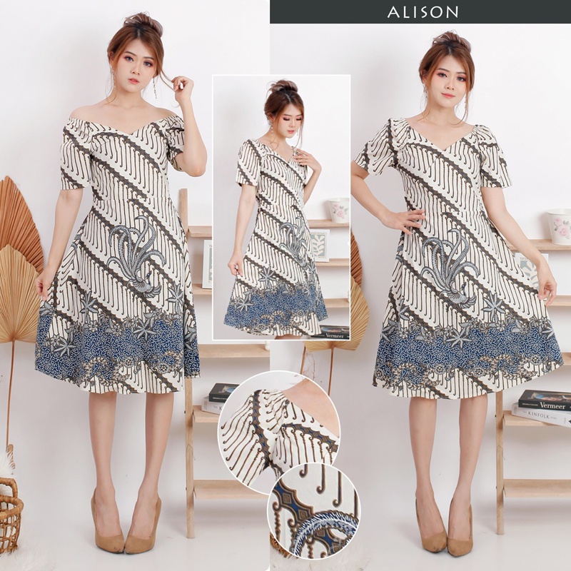 Evercloth Alison Dress Batik Wanita Sabrina Dress Wanita Batik Modern Gaun Pesta Aline Terusan