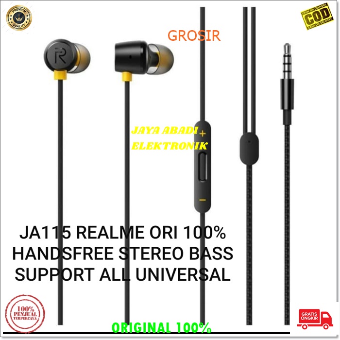 J115 REALME HANDSFREE EARBUD MUSIK CALL AUDIO DOUBLE BASS DUAL BASS MIC KABEL ERAPHONE HANDPHONE AUDIO SUARA SMULE KARAOKE MULTI UNIVERSAL BISA UNTUK SEGALA JENIS HANDPHONE PC TAB LAPTOP DLL TERDAPAT UNTUK TELPON DAN TOMBOL VOLUME UNTUK MENGATUR SUARA