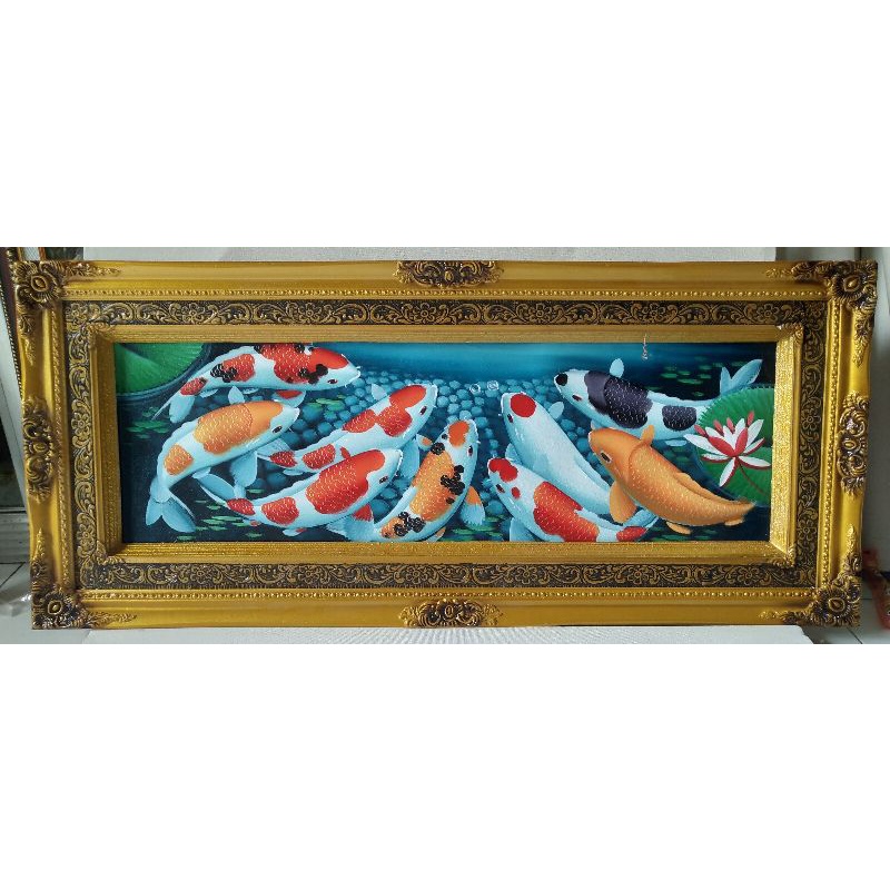 lukisan ikan koi dan bunga tinggal gantung sudah dengan pigura kayu