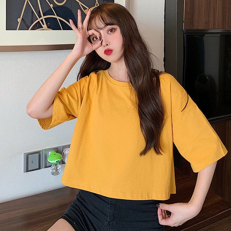 (M L XL XXL 3XL) KAOS CROP POLOS Oversize Basic Crop Top Tee Shirt Cotton Combed Korean Ulzzang Style Jumbo Denim Mustard Lilac Beige Black White