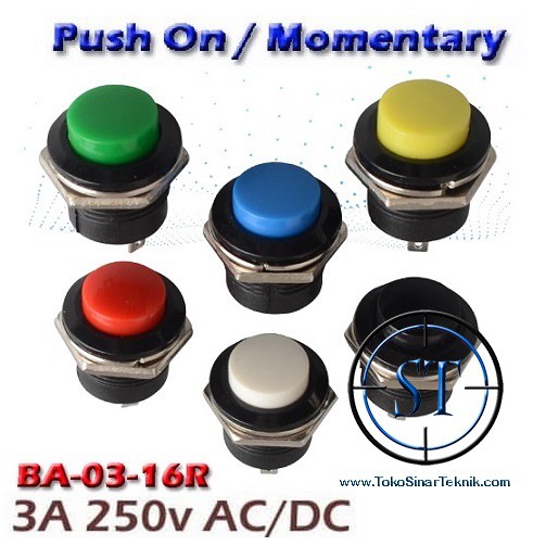 Switch Push ON 16mm ( Saklar / Momentary / Klakson ) Saklar Tombol Tekan Warna On Off Bel  BA-03-16R