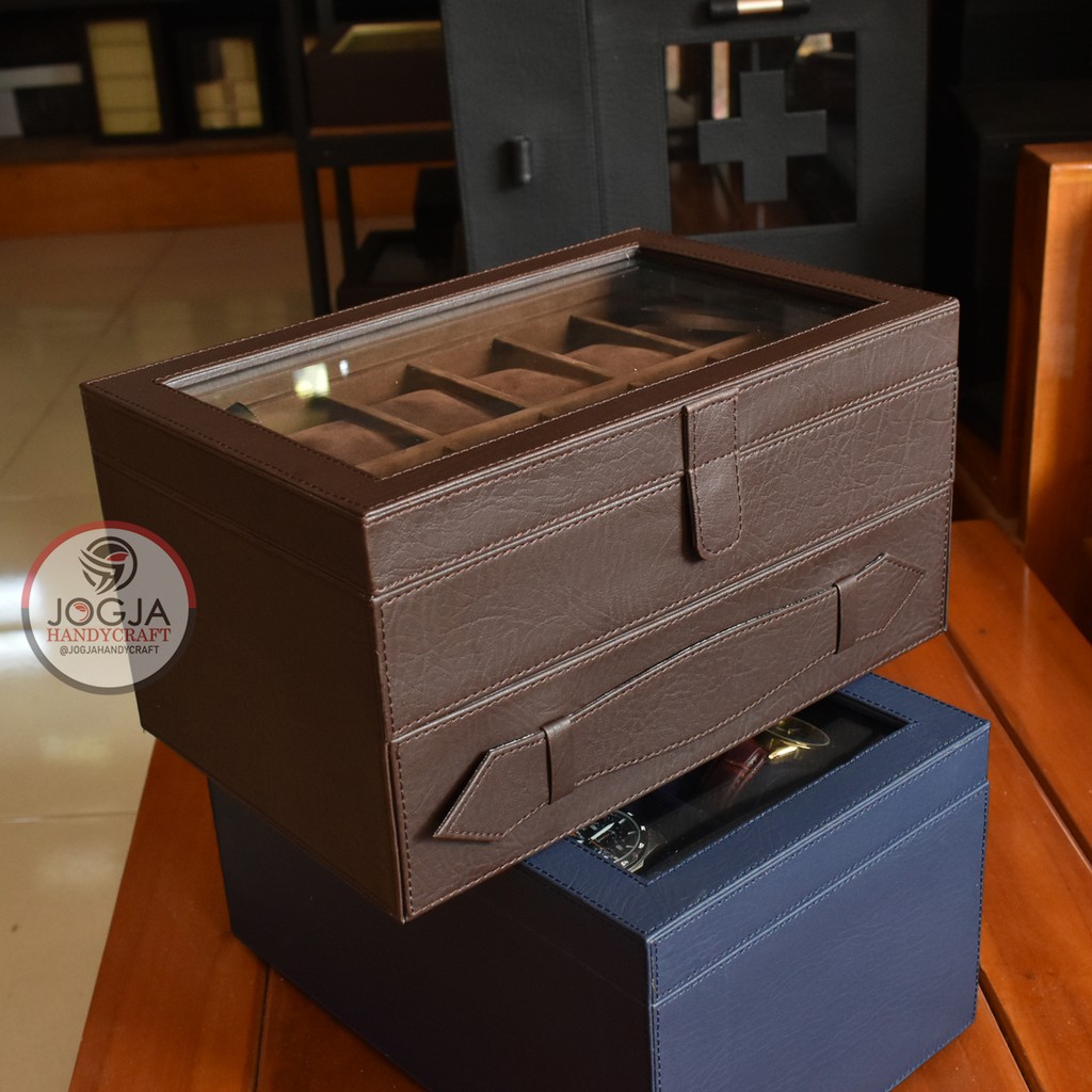 Watch Box Kotak Jam Tangan isi 12 mix Laci Tempat Perhiasan Coklat Full