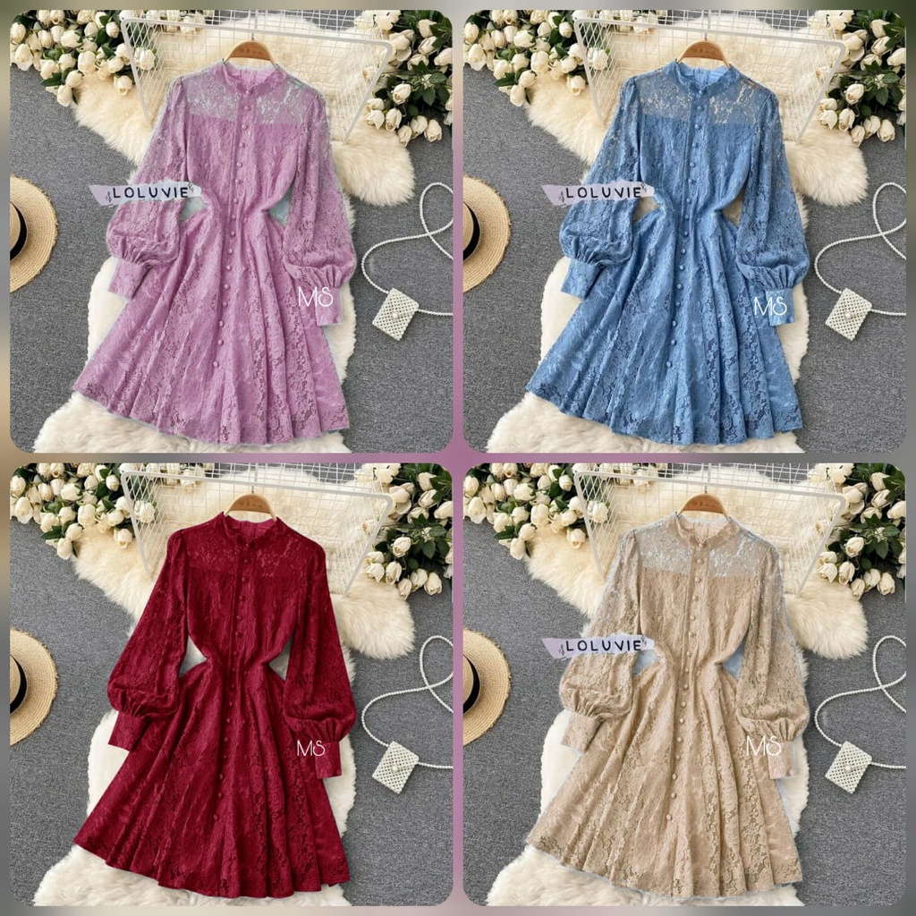 DRESS LOLUVIE BRUKAT FASHION PAKAIAN WANITA DRESS BRUKAT LAPIS FURING MS ADA VIDEO REAL PIC