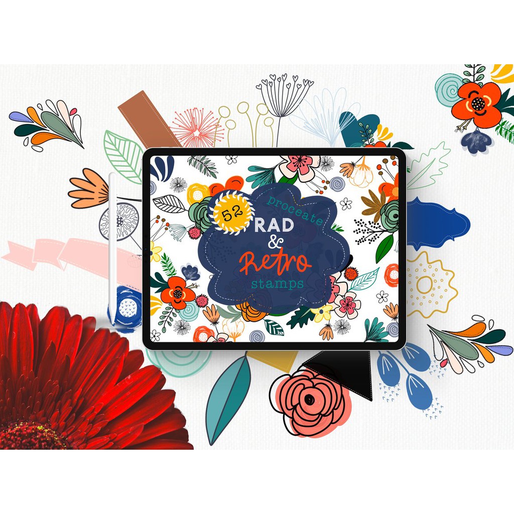 Procreate Brush - Rad &amp; Retro Floral Stamps Aesthetic Journaling Brush