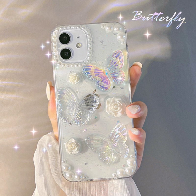 IPHONE Cute Butterfly Pearl Drop Glue Transparan Case Untuk Iphone14 7/8 SE 2020 7P/8Plus X XS XR 11 12 13 Mini Pro Max Casing Soft TPU Pelindung Kamera Cover Shell At002