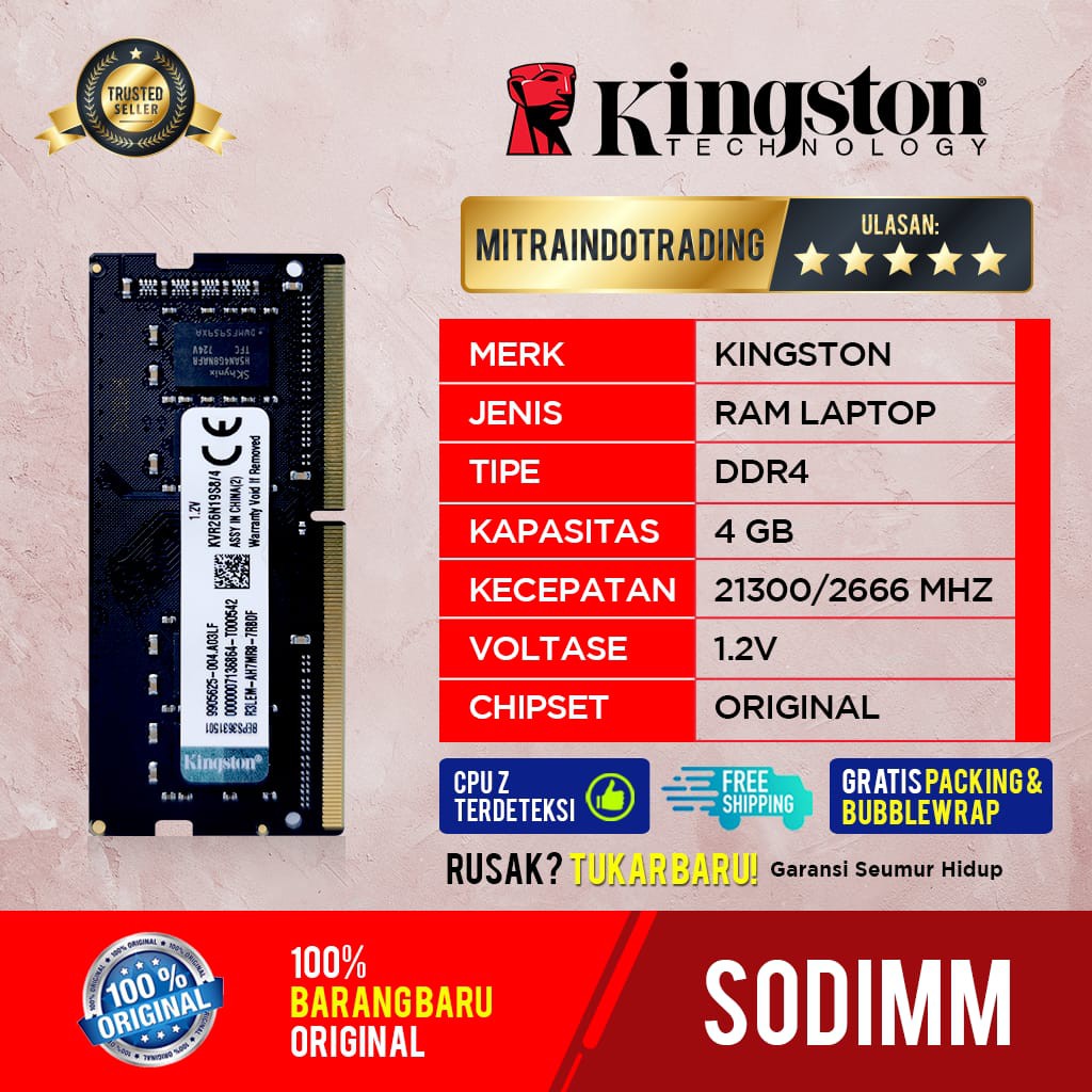 KINGSTON SODIMM DDR4 4GB PC21300 / 2666MHZ BERGARANSI