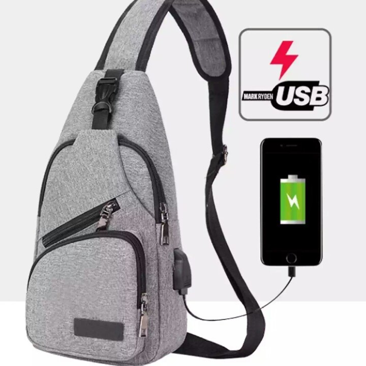 Tas Selempang Waisbag Pria Tas Fashion Pria USB Port Original - Grey