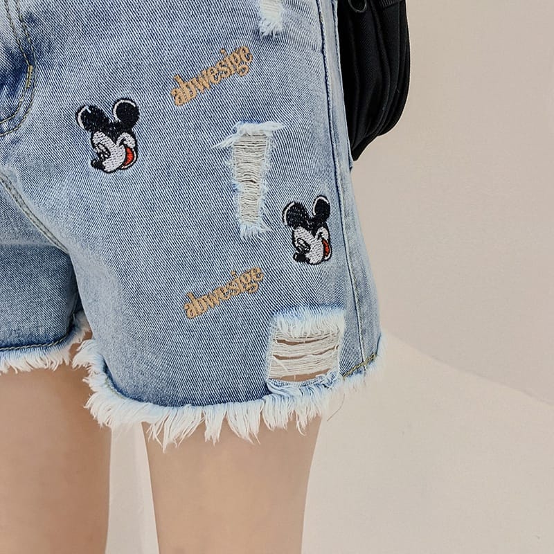 Celana Hot Pants High Waist Jeans Wanita Bordir Micky Mouse