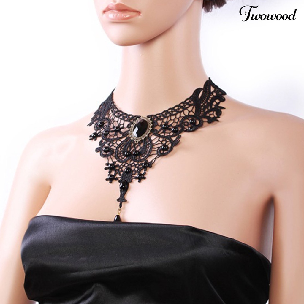 Kalung Choker Adjustable Model Hollow Out Aksen Renda Warna Hitam Untuk Wanita