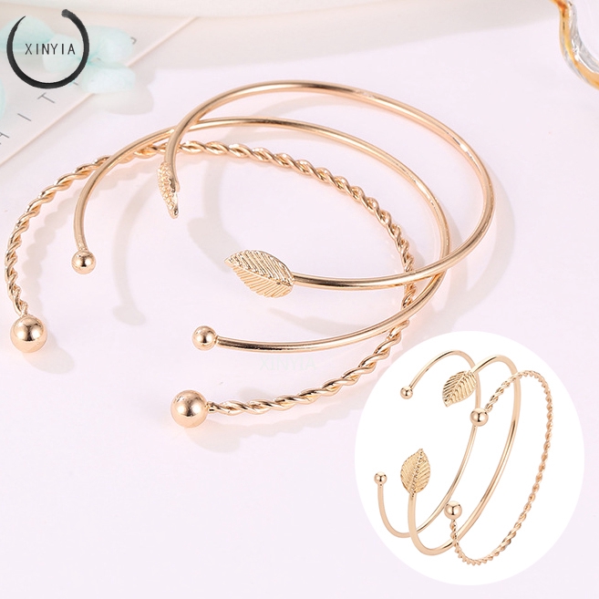 3Pcs / Set Gelang Wanita Model Vintage Simple Elegan Motif Daun Hollow