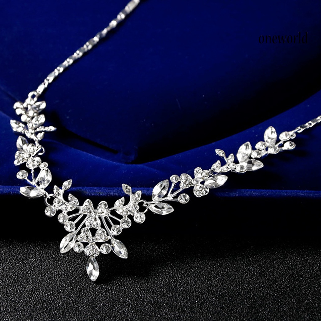 OW@ Women Wedding Party Rhinestone Shiny Floral Necklace Earrings Jewelry Set Gift