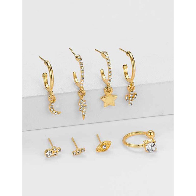 LRC Anting Tusuk Fashion Golden Lightning Diamond Star Moon Stud Earrings Set D63515