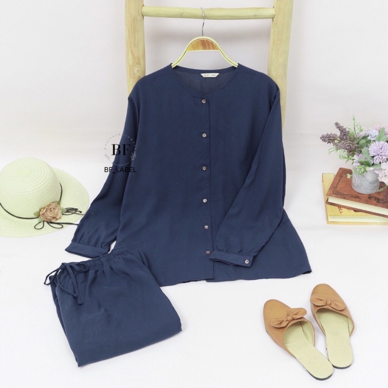 NARA SET | One set rayon polos basic celana panjang kemeja panjang sleepwear piyama by @bf_label BF Label-Navy