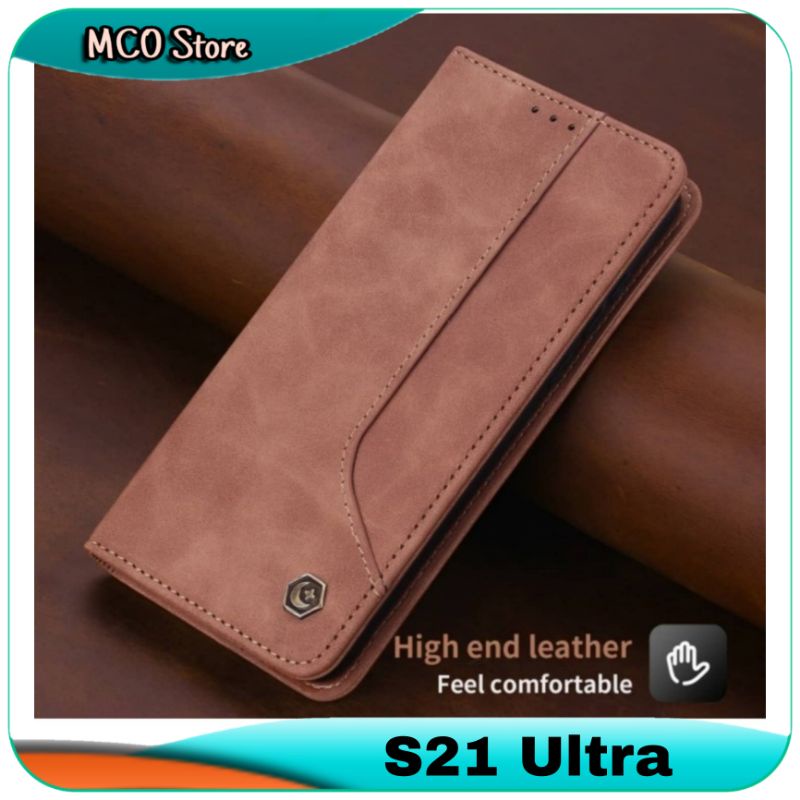 Casing Samsung Galaxy S21 Ultra Magnetic Flip Leather Case Cover