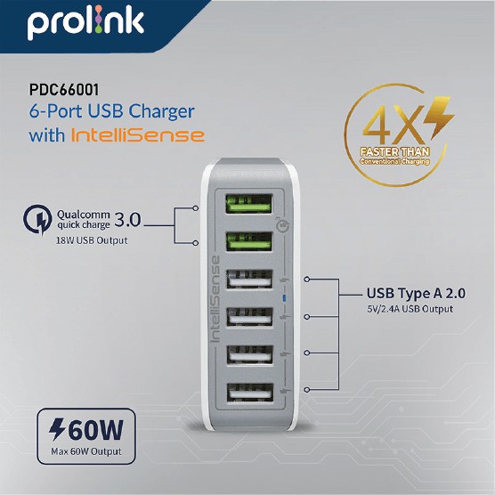 PROLiNK 60W 6 Port Desktop Quick Charger QC 3.0 USB Type A for iphone samsung android etc PDC66001