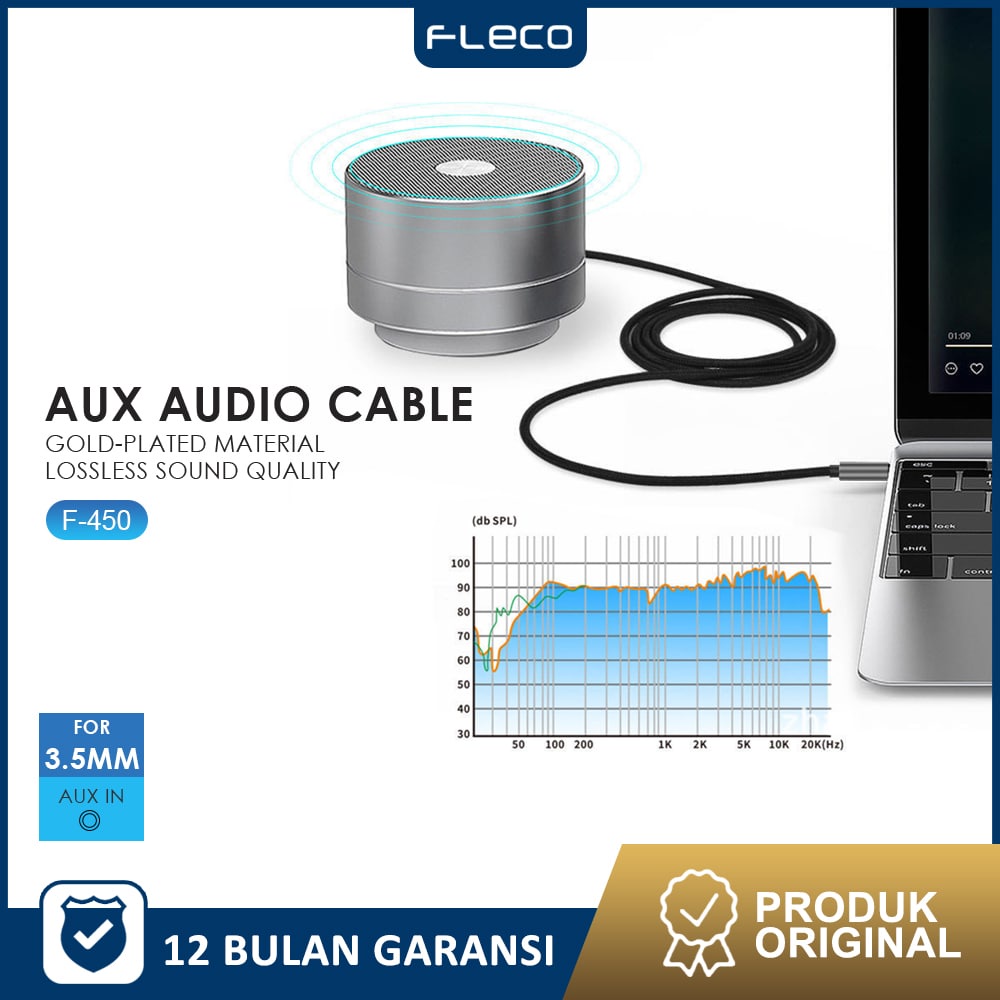 kabel aux 1 IN 1  audio metaL spring L 1M 1×1 3.5mm FLECO F-450 - Garansi 1 Tahun Rusak Ganti Baru