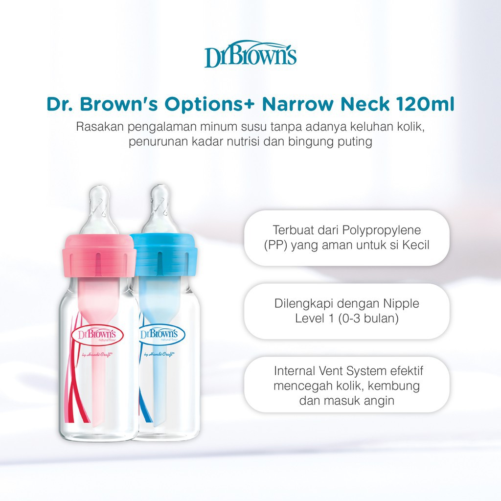 Dr.Brown's 4 oz / 120 ml PP Narrow Neck &quot;Options+&quot; Baby Bottle, Pink/Blue,2 Pack / Botol Susu Bayi