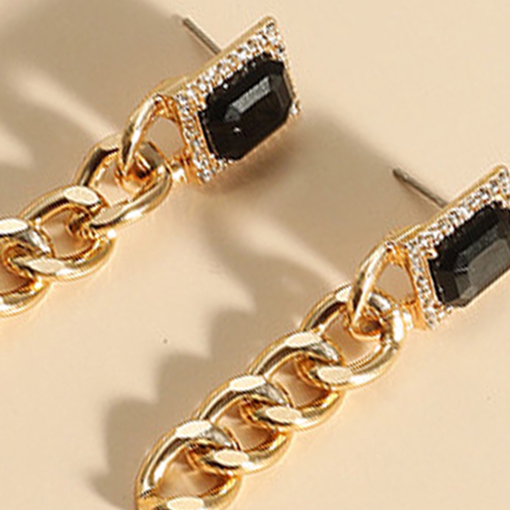 Hu Hu Hu Hu Hu Alat Bantu Pasang Kacamata♡ 2pcs / Set Kalung Rantai + Anting Gantung Panjang Tusuk Gaya Hip Hop Motif Geometri Aksen Batu Permata Imitasi Untuk Wanita