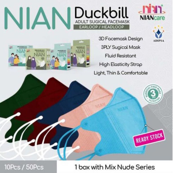 Masker Duckbill Dewasa Earloop Nian Mix 5 Warna Nude Isi 50 Pcs Medis 3 Ply