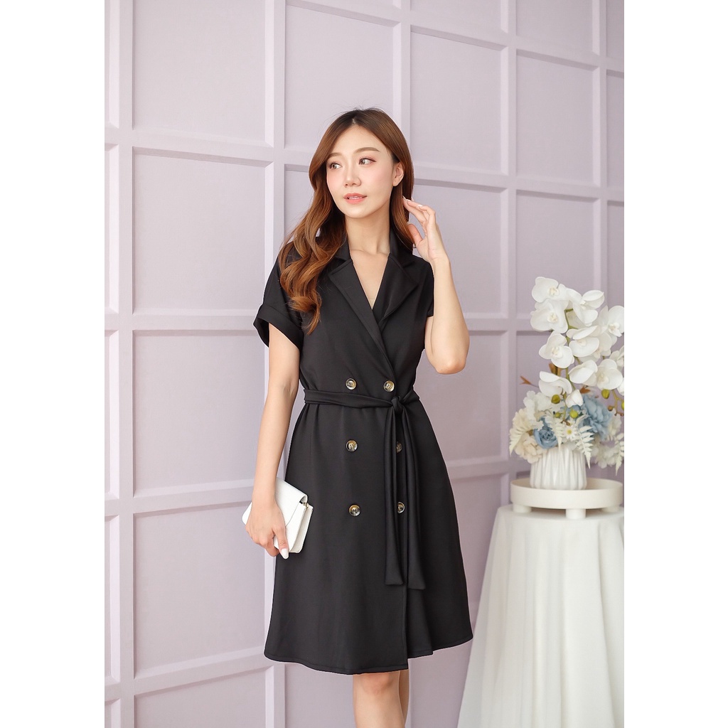 terbaru COTTONBELLS DRESS SCUBA WANITA LUNAR OFFICE BUTTON MIDI TIED ( CV - D 2921 ) terlaris