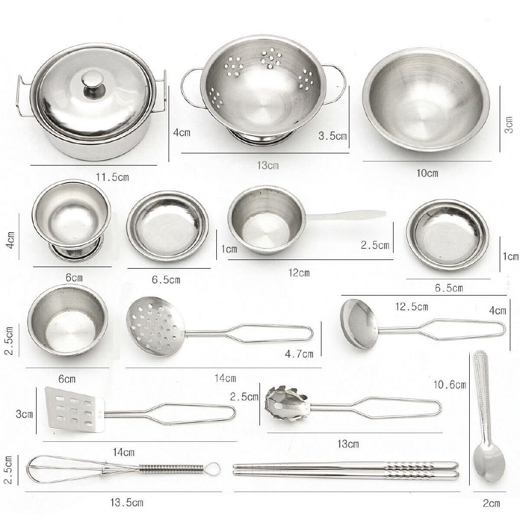 16Pcs Peralatan Dapur Bahan Stainless Steel untuk Bermain Peran-6