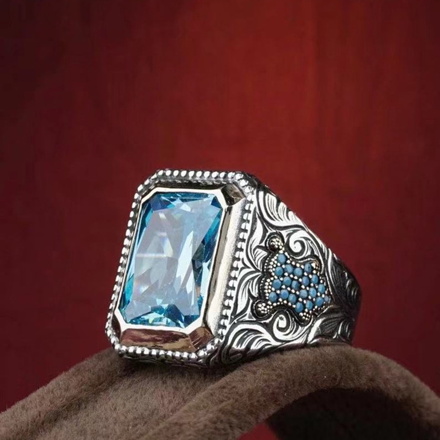 Aquamarine Sterling Perak Cincin Kristal Vintage Baja Titanium Fashion Pria Punk Rings