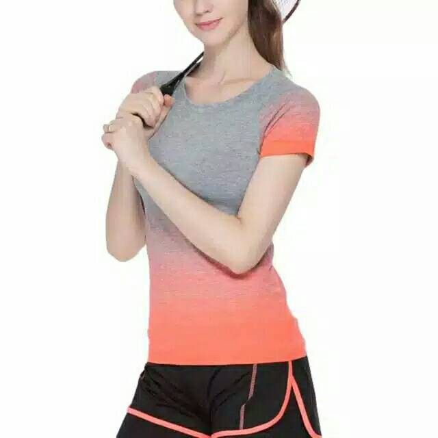 [Hanya Kaos] Kaos Olahraga Wanita Sport Salur Tangan Pendek TM18 / Baju Olahraga Cewek Import Quality Sport Tshirt Wanita Kaos Senam Atasan Olahraga