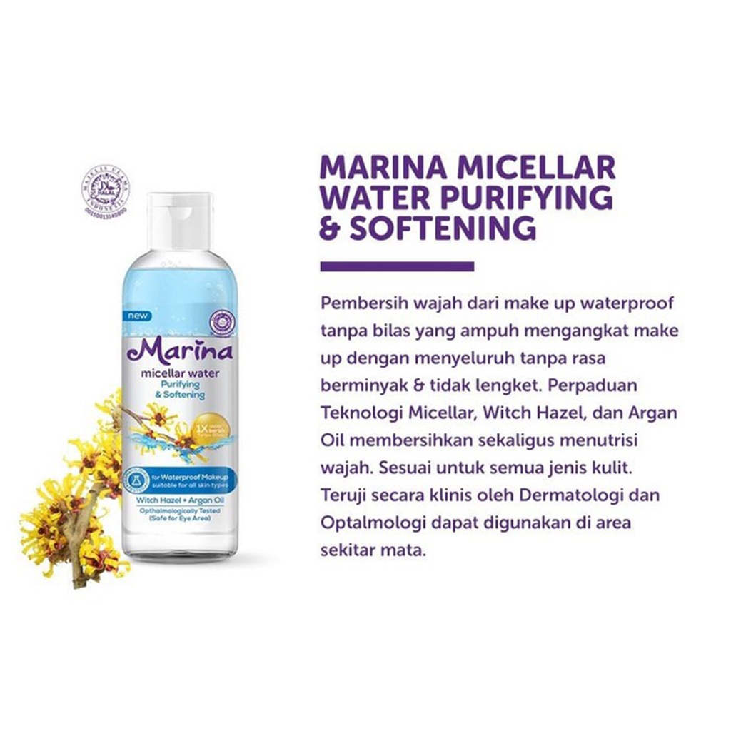 ❤ UNDER100 ❤ MARINA Micellar Water Brightening &amp; Refreshing | Purifying &amp; Softening | 90ml | Pembersih Make Up Waterproof | BPOM