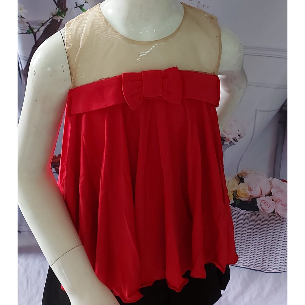 Blus Anak Perempuan Impor katun kombinasi tile baby doll merah