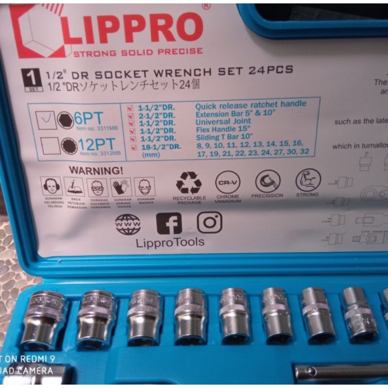 kunci shock 1/2 inch 6 pt 24 pcs LIPPRO socket wrench set 24 pcs 6 pt LIPPRO