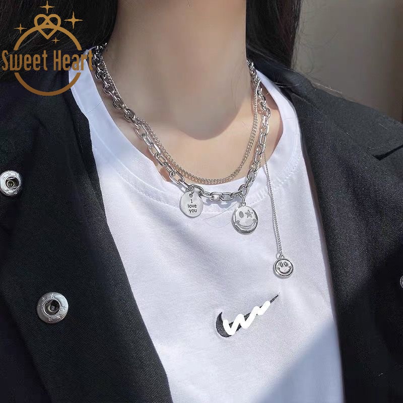 Smiley Face Necklaces Women Link Chain Figure Simple Pendant Necklace Girl Jewelry Silver Color Trendy Necklace