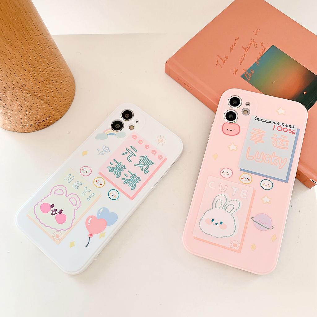 Luck bunny cute Bear pattern white iphone case 6 6s 7 8 plus XR 11 12 mini pro max Straight edge protection camera phone Cover-7