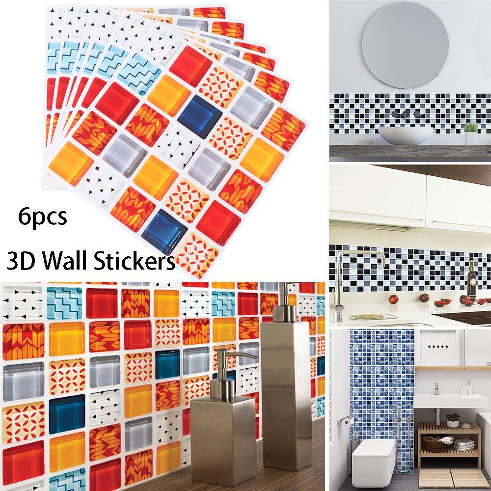 Solighter 6pcs/set Stiker Dinding Kamar Mandi 3D Dapur Mural Lantai Ubin