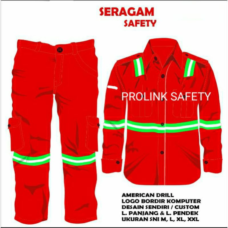 SERAGAM SETELAN MERAH HSE SAFETY SCOTLIGHT HIJAU 5CM FREE LOGO K3 BENDERA KAIN TEBAL ADEM