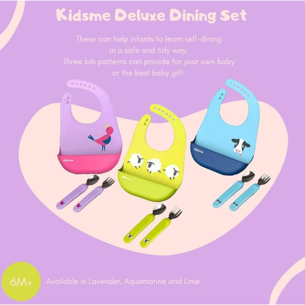 KIDSME DELUXE DINING SET/ ALAT MAKAN BAYI/ BIB SILICONE/ SENDOK GARPU MAKAN