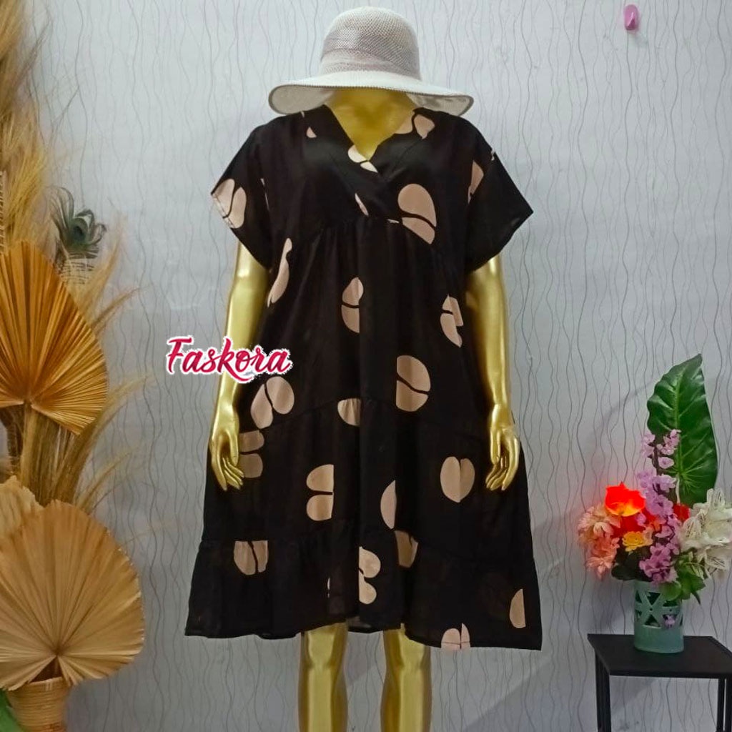 Dress Ruffle Wanita Dewasa Rayon Midi Busui Friendly Motif Kopi