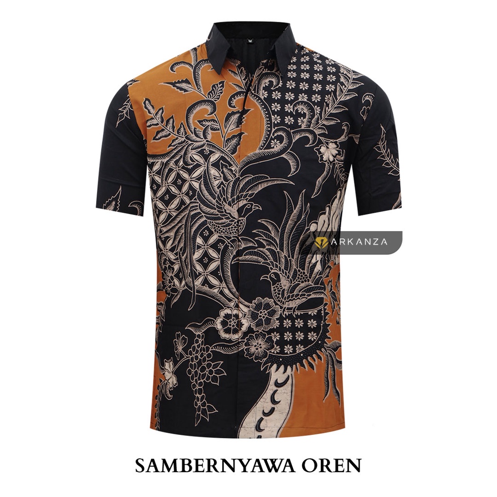 BATIK ARKANZA Motif SAMBERNYAWA OREN Hem Atasan Kemeja Baju Batik Pria Cowok Laki Laki Slimfit Full Lapis Furing Lengan Panjang Lengan Pendek Original Asli