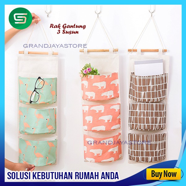 Rak Gantung 3 Susun Pocket Gantung 3 Sekat Pouch Gantung untuk kosmetik sisir aksesoris lainya