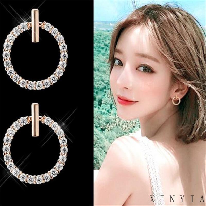 【Bayar di tempat】Anting Bentuk Lingkaran Geometris Aksen Berlian Gaya Korea