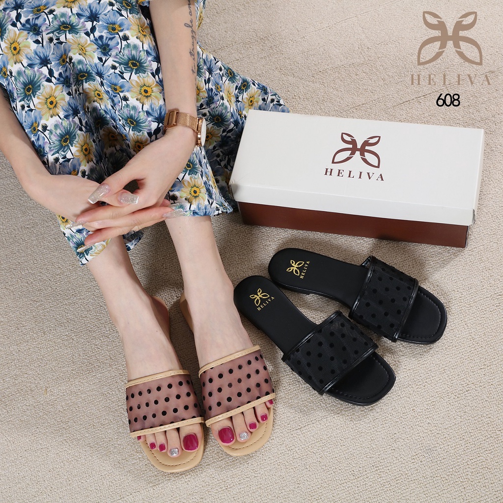 HELIVA STELLA Sandal Flat Shoes Teplek Bahan Kulit Kombi Mesh 608 Original Brand