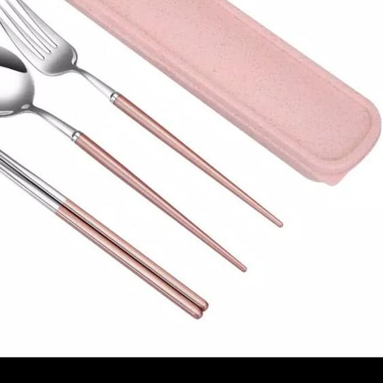 ✲ Dinner Set (Sendok, Garpu, Sumpit) Special Set Stainless Steel 304 - Merah Muda ♡