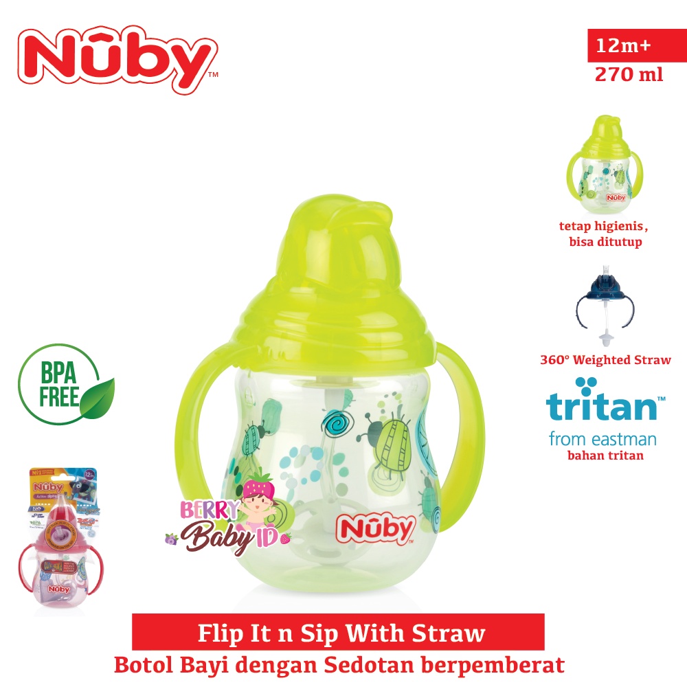 Nuby Flip It n Sip Straw Botol Training Cup Sedotan Bayi Anti Tumpah Botol Sedotan Bayi Anak BPA Free Berry Mart