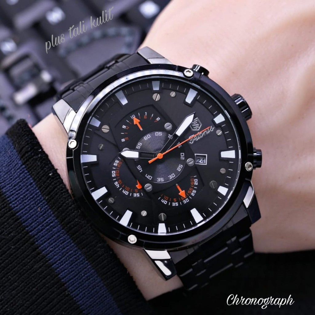 JAM TANGAN PRIA TETONIS ANALOG CHRONOGRAPH STRAP RANTAI STAINLESS