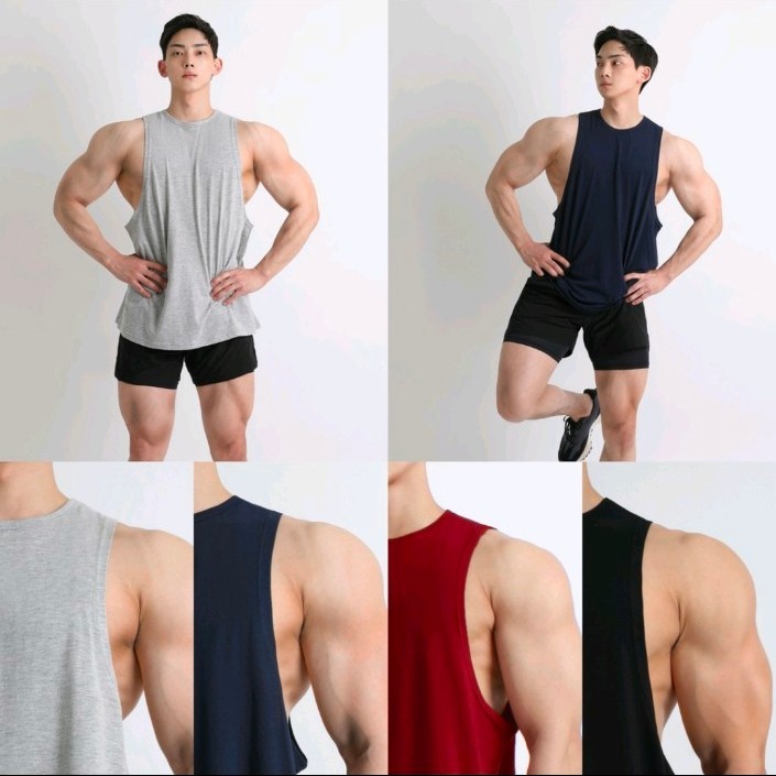 Muscle Tank Top Singlet Fitness Pria Low Cut / Deep Cut Gym Sleeveless Kaos Olahraga Atasan Tanpa Le